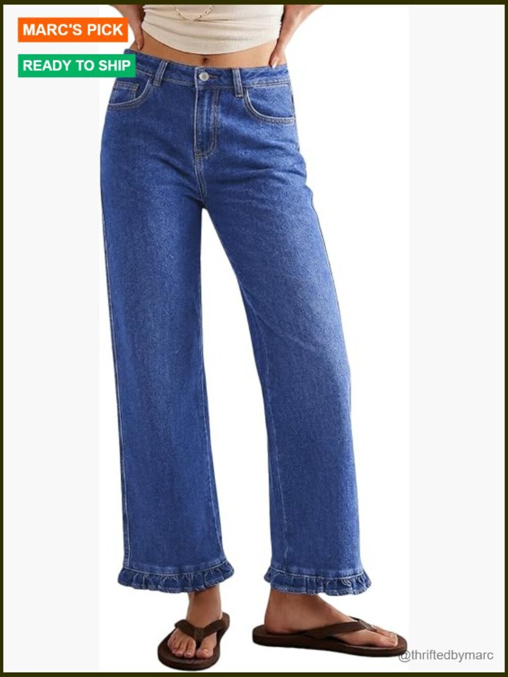 Wide Leg High Rise Stretchy Jeans Ruffle Hem Straight Leg Denim with Pockets